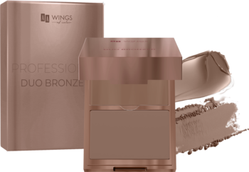 Wings Professional Duo Bronzer, różowo-złoty otwarty kompakt z dwoma odcieniami kremowo-pudrowej formuły, widok z przodu.