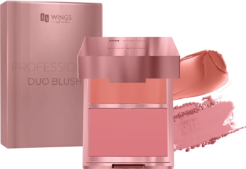 Wings Professional Duo Blush: rose gold kompakt z dwoma odcieniami kremowego i pudrowego różu, swatche na tle opakowania.