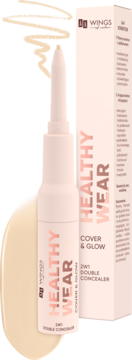 WINGS Healthy Wear Cover & Glow 2w1 korektor: kremowa kredka i płynny z aplikatorem, jasny beż, pudełko.