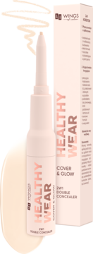 Korektor 2w1 Healthy Wear Cover & Glow w jasnym opakowaniu, z widocznym sztyftem, stojący obok pudełka.