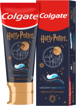 Tubka i pudełko pasty Colgate Harry Potter dla dzieci, granatowe ze złotym zamkiem i napisem, miętowa, zmienia kolor.