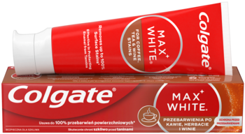 Czerwona pasta wybielająca Colgate Max White do kawy, herbaty i wina, tubka i pudełko ułożone pod kątem.