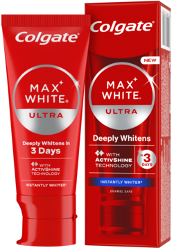 Czerwona pasta do zębów Colgate Max White Ultra w tubce i pudełku, natychmiastowe głębokie wybielanie w 3 dni.