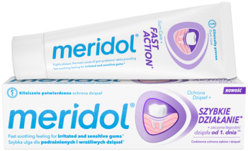 Dwie tubki pasty Meridol Fast Action, białe z fioletem i błękitem, do wrażliwych dziąseł, widok z przodu.