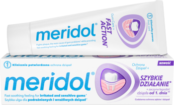 Meridol Gum Care Fast Action pasta do zębów, tubka i pudełko, biało-fioletowe, widok z przodu.