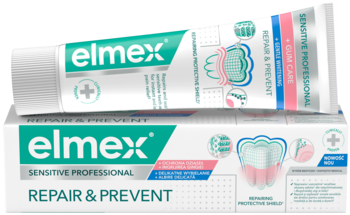 Pasta do zębów elmex Sensitive Professional Repair & Prevent: biała tubka leżąca na dopasowanym opakowaniu kartonowym.
