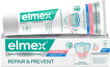 Tubka pasty elmex Sensitive Professional Repair & Prevent + Gentle Whitening na kartoniku; ulga dla wrażliwych zębów, ochrona i wybielanie.