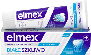 Biało-fioletowa pasta do zębów elmex Enamel Professional Zdrowa Biel w tubce i pudełku, ząb na opakowaniu.