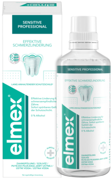 Biało-zielony płyn do płukania ust Elmex Sensitive Professional w butelce i pudełku, widok z przodu, na nadwrażliwe zęby.