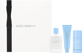 Męski zestaw Dolce & Gabbana Light Blue Pour Homme: białe pudełko, woda toaletowa, żel i dezodorant.