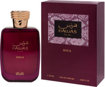 Ciemnoburgundowy flakon perfum Hawas For Her DIVA ze złotą zakrętką i pudełko z wzorem węża, widok z przodu.