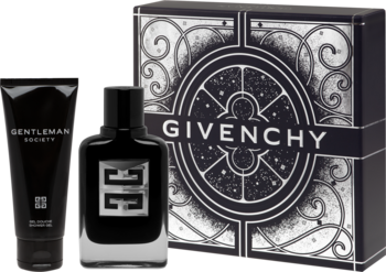Zestaw Givenchy Gentleman Society: czarna tuba, flakon perfum z logo GG i ozdobne pudełko z motywem srebra.