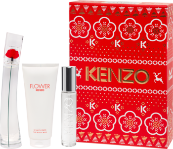 Zestaw Kenzo Flower: perfumy z czerwonym kwiatem, balsam, mini rollerball i czerwone pudełko świąteczne ze złotym logo.