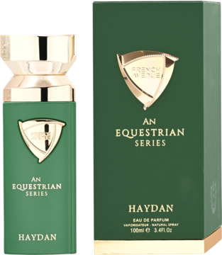 Haydan An Equestrian Series Eau de Parfum, zielona butelka i opakowanie z złotym logo, widok z przodu.