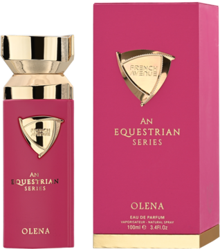 Perfumy OLENA AN EQUESTRIAN SERIES, butelka i pudełko w odcieniu fuksji ze złotym emblematem, widok z przodu.