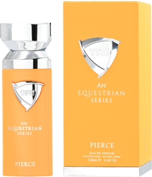 Flakon i pudełko męskich perfum French Avenue An Equestrian Series Pierce w kolorze pomarańczowym, widok z przodu.