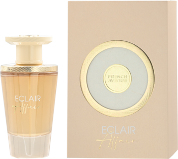 Flakon perfum ECLAIR Affini z bursztynowym płynem i złotą zakrętką, obok beżowe pudełko French Avenue.