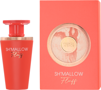 Zestaw SH'MALLOW Fluff: koralowa butelka perfum i pasujące pudełko z okrągłym oknem ukazującym różowy kompakt.