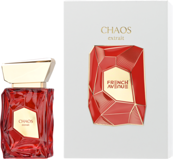 Perfumy French Avenue Chaos extrait w czerwonej, fasetowanej butelce ze złotą nakrętką i białym opakowaniem.