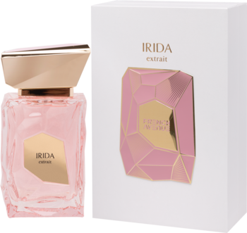 Różowe, geometryczne perfumy IRIDA extrait z dopasowanym białym pudełkiem, widok z przodu.
