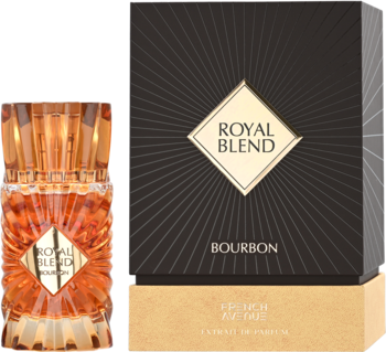 Ornate złoty flakon perfum Royal Blend Bourbon i ciemne pudełko z wzorem sunburst, widok z przodu.