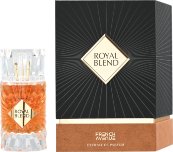 Perfumy Royal Blend French Avenue, złoty fasetowany flakon obok czarnego opakowania z promienistym wzorem i logo.