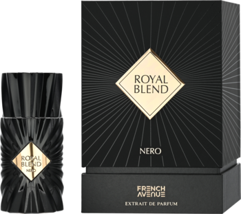 Czarny flakon i pudełko perfum French Avenue Royal Blend Nero, z fakturowanym wzorem i złotym logo.