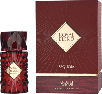 Perfumy Royal Blend Sequoia Extrakt, czerwony fasetowany flakon i pudełko z promienistym wzorem, widok z przodu.
