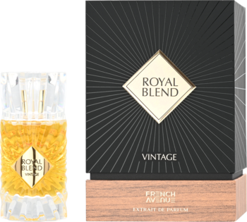 Royal Blend Vintage Extrait de Parfum French Avenue: złoty flakon i czarne pudełko z promienistym wzorem.
