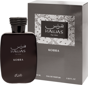 Perfumy męskie Rasasi Hawas Kobra, ciemna butelka z prążkowanym korkiem, pudełko z fakturą wężowej skóry.