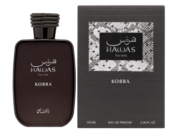 Ciemna woda perfumowana Hawas Kobra For Men 100ml i pudełko z wężowym wzorem, widok pod kątem.