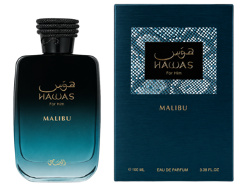 Rasasi Hawas Malibu męska woda perfumowana, elegancka błękitna butelka i dopasowane pudełko, widok z przodu.