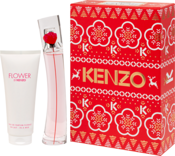 Zestaw Kenzo Flower: zakrzywiona różowa butelka perfum, biały balsam i czerwone pudełko z wzorem świątecznym.
