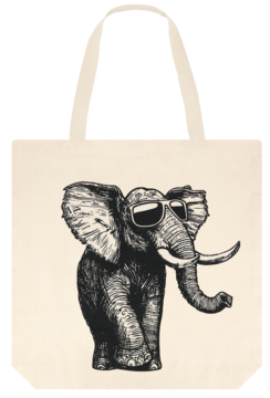 Beżowa bawełniana torba na zakupy z czarnym nadrukiem słonia w okularach przeciwsłonecznych, widok z przodu.