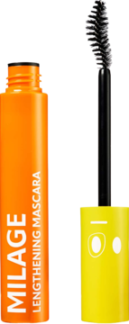 Trouble Maker Milage Lengthening Mascara: orange tube, open, black brush, yellow handle with eye detail.