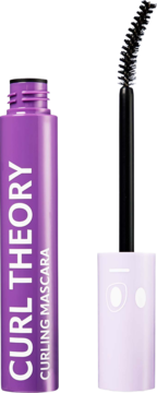 Fioletowa tuba maskary Trouble Maker Curl Theory, otwarta, z czarną zakrzywioną szczoteczką obok.