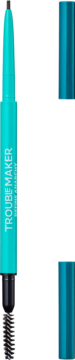 Teal kredka do brwi Define Anarchy Dark Brown, z wysuniętą końcówką 1mm i szczoteczką, pionowy widok obok skuwki.