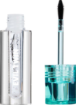 Zbliżenie na otwarty żel do brwi Trouble Maker Evil Twin. Przezroczysta tubka z żelem, turkusowa skuwka i czarna szczoteczka.