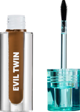 Żel Trouble Maker Evil Twin Tinted Brow Gel Dark Brown w transparentnej tubce, obok wyjęta czarna szczoteczka.