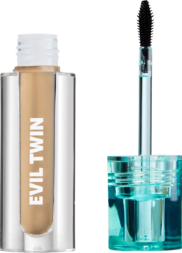 Trouble Maker Evil Twin Tinted Brow Gel Light Brown, jasnobrązowy w przezroczystej butelce, obok aplikator w turkusowej nakrętce.