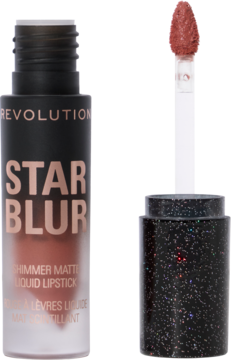 Revolution Star Blur Frosted Petal pomadka, otwarta butelka z aplikatorem i brokatową zakrętką.