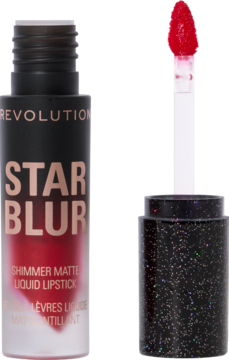 Otwarta pomadka Revolution Star Blur Scarlet Ruby, matowa, z aplikatorem i brokatową zakrętką.