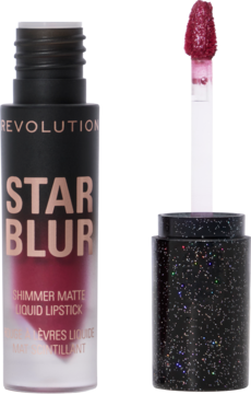 Revolution Star Blur pomadka Crimson Envy, shimmer matte. Butelka z aplikatorem, czarna nakrętka z brokatem, ujęcie z boku.
