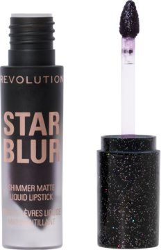 Pomadka Revolution Star Blur Midnight Eclipse w czarnej tubce, otwarte opakowanie z aplikatorem pełnym brokatu.