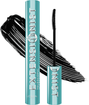 Wodoodporny tusz do rzęs L'Oréal Extensionist w turkusowej tubce, otwarta szczoteczka z czarnym tuszem.
