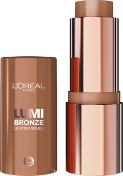 L'Oréal Paris Lumi Bronze, brązowy bronzer w sztyfcie, w metalicznej różowo-złotej obudowie, z przodu.