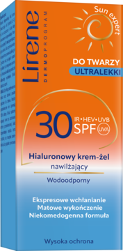 Lirene Sun Expert Hialuronowy krem-żel SPF30. Widok z przodu pomarańczowo-niebieskiego opakowania, ultralekki, matowy.