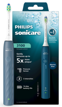 Philips Sonicare 3100 niebieska szczoteczka soniczna z czujnikiem nacisku, obok pudełka, widok z przodu.