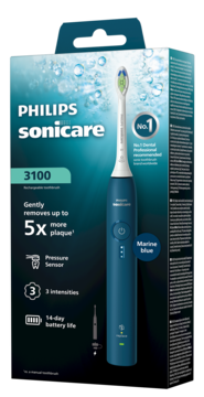 Szczoteczka soniczna Philips Sonicare 3100 Marine Blue w niebiesko-białym opakowaniu, widok z przodu, usuwa 5x więcej płytki.