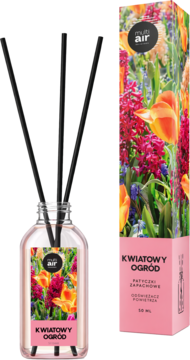 Multi Air Kwiatowy Ogród: dyfuzor z patyczkami zapachowymi i opakowanie, różowo-kwiatowy design, 50 ml.